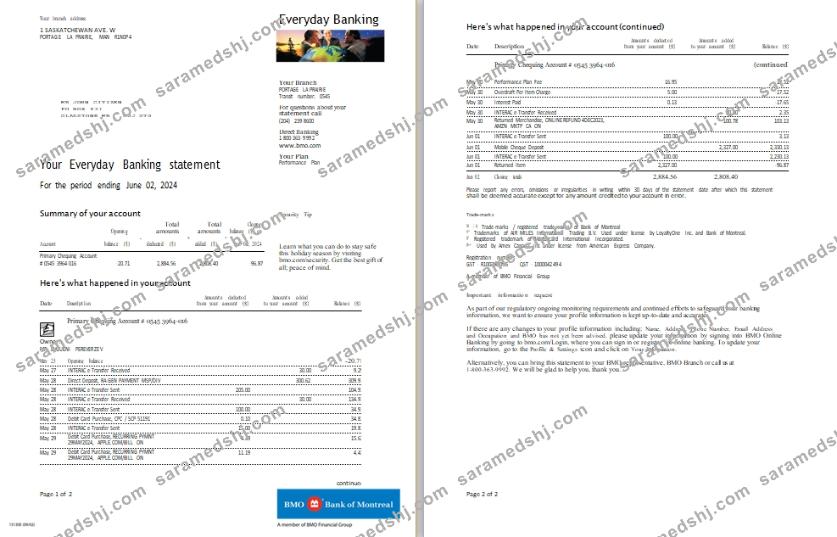 Canada BMO bank everyday banking statement scr
